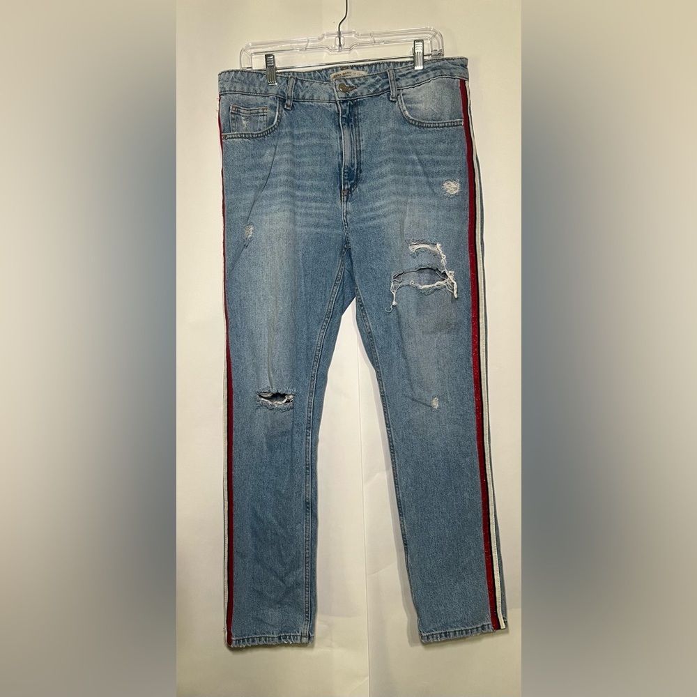Zara Z1975 Straight Leg Distressed Blue Jeans W/ Red White & Blue Stripe SZ 10